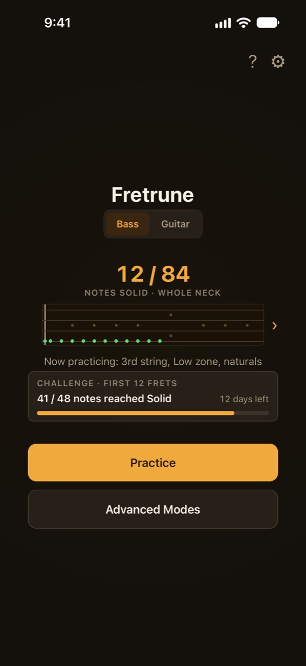 Fretrune's home screen during the Neck Challenge, showing how many notes in the first 12 frets have reached Solid and the days left