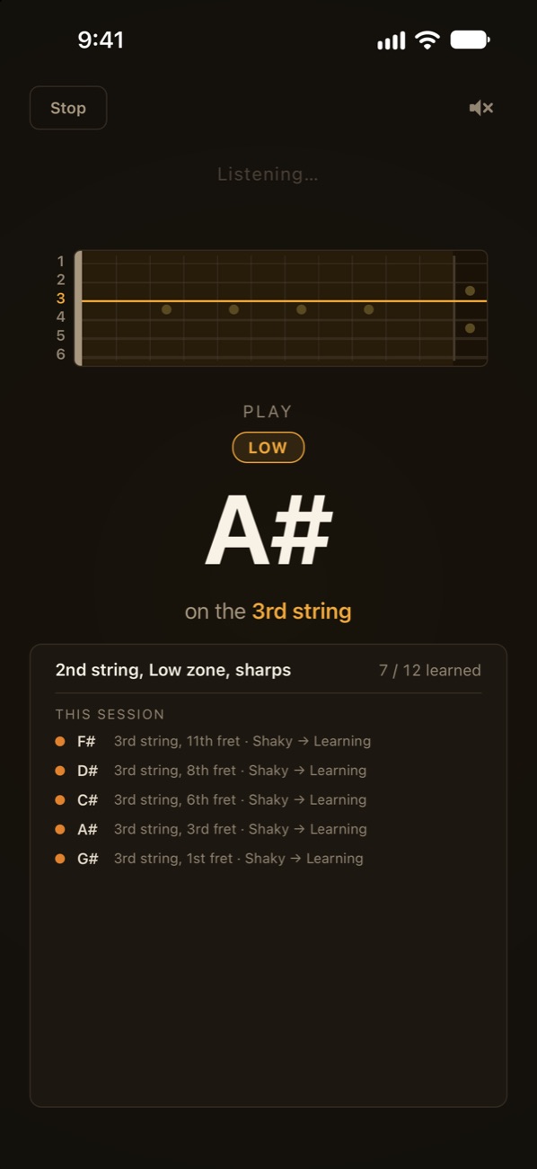 Fretrune asking for A sharp on the 3rd string, with the neck drawn above and the session's progress below